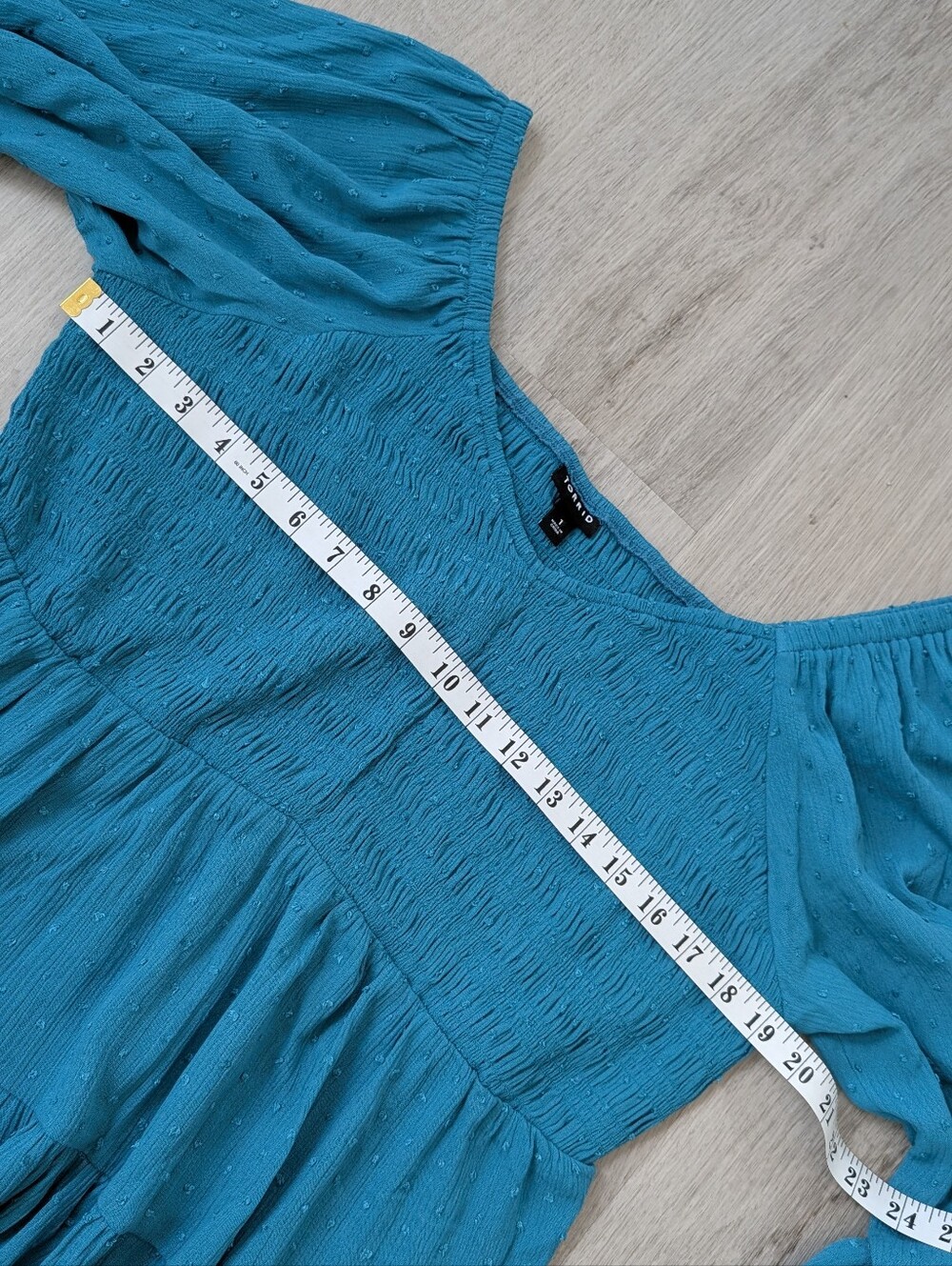 Torrid Plus Crinkle Gauze Smoked 3/4 Blouson Tiered Sweetheart Top Biscay Bay 1X - Picture 14 of 15